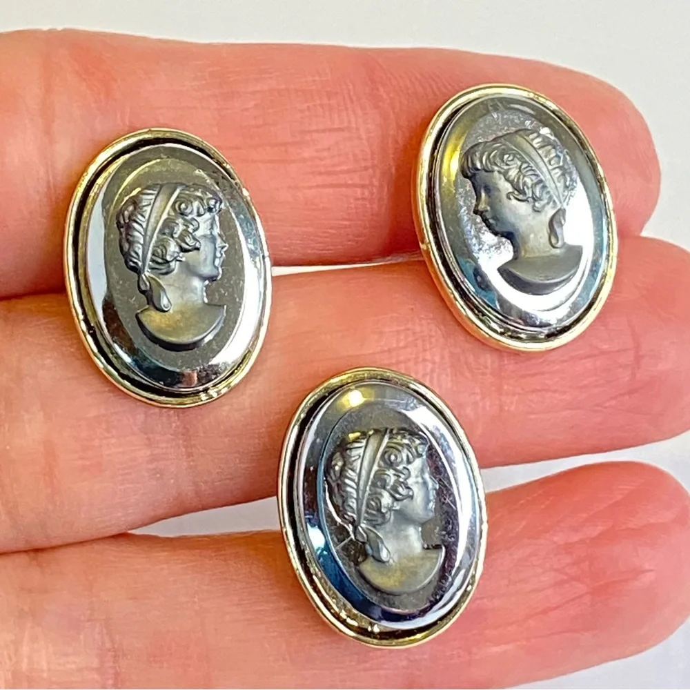 Vintage Hematite Cameo Cufflinks Tie Tack Set‎ Oval Silvertone Gold Tone Mens